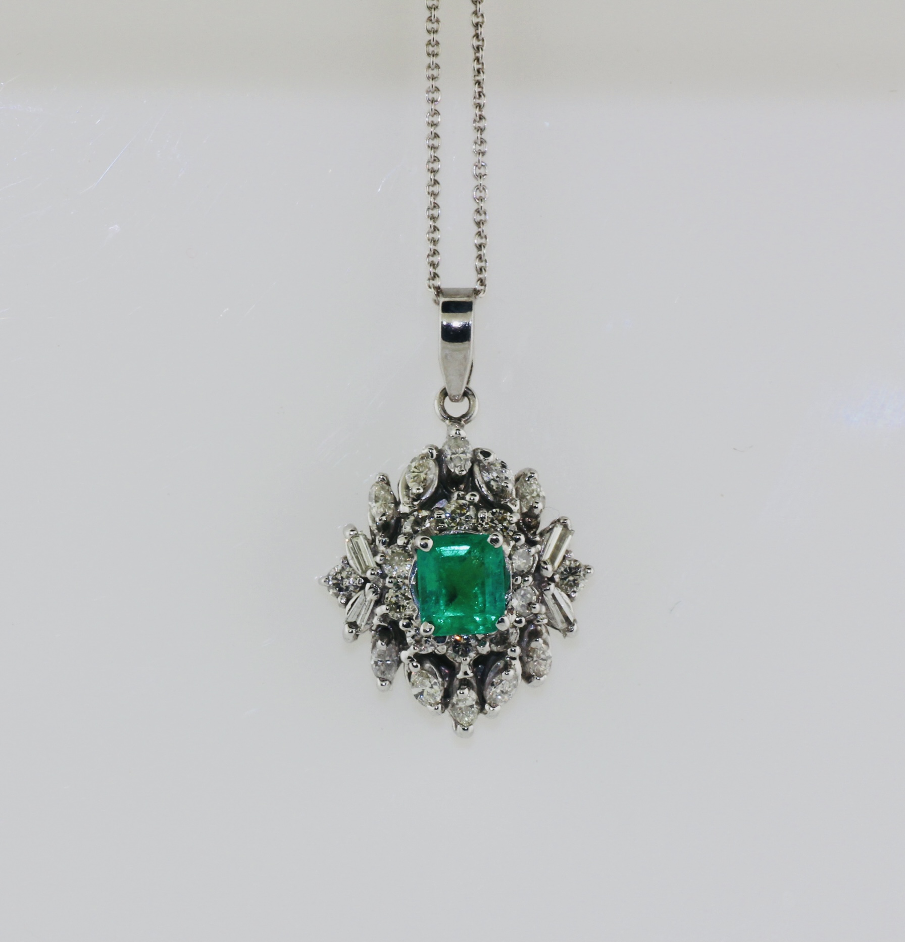 14K White Gold Emerald and Diamond Pendant