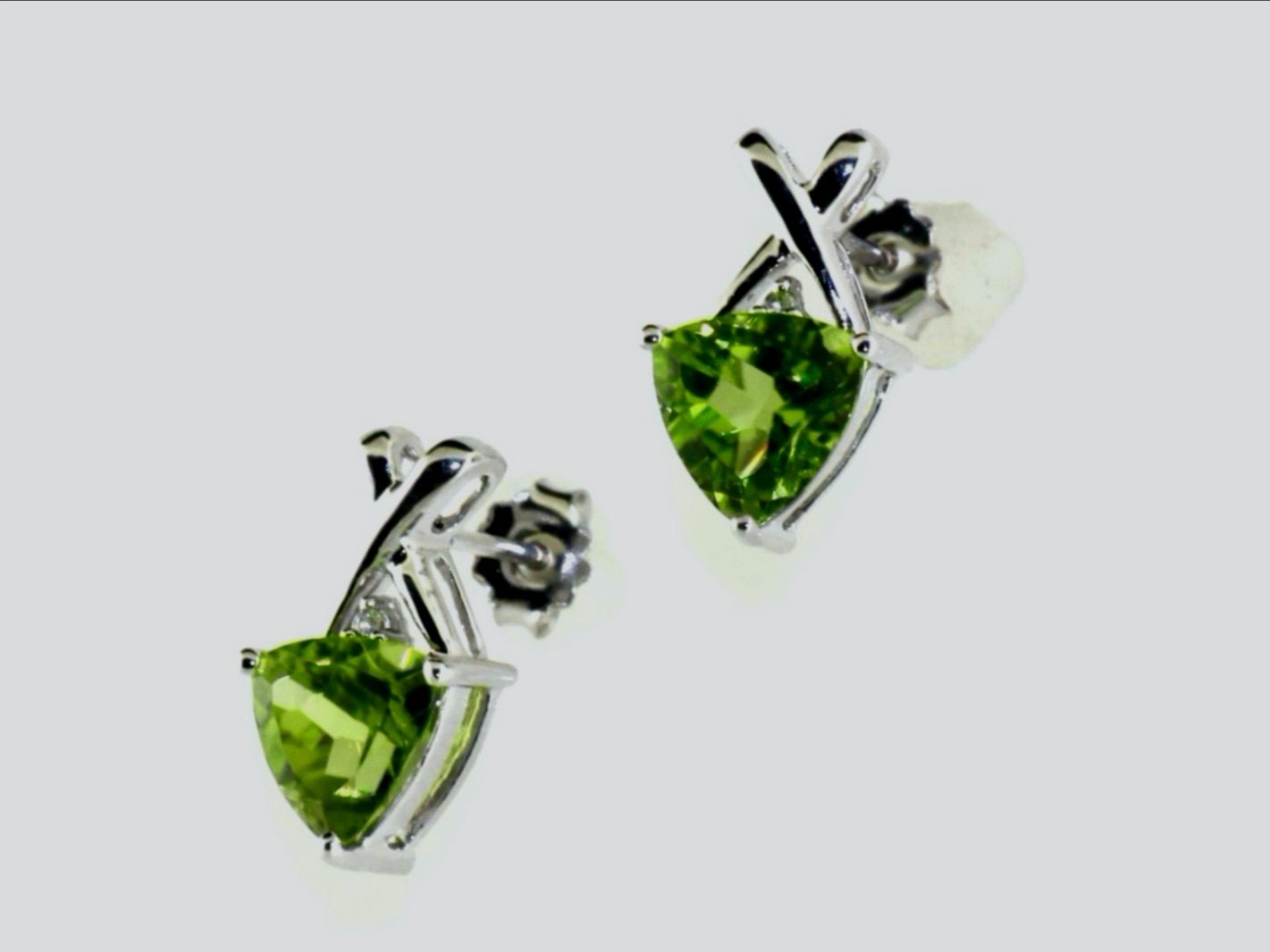 14K White Gold Peridot and White Topaz Trillion Post Earrings