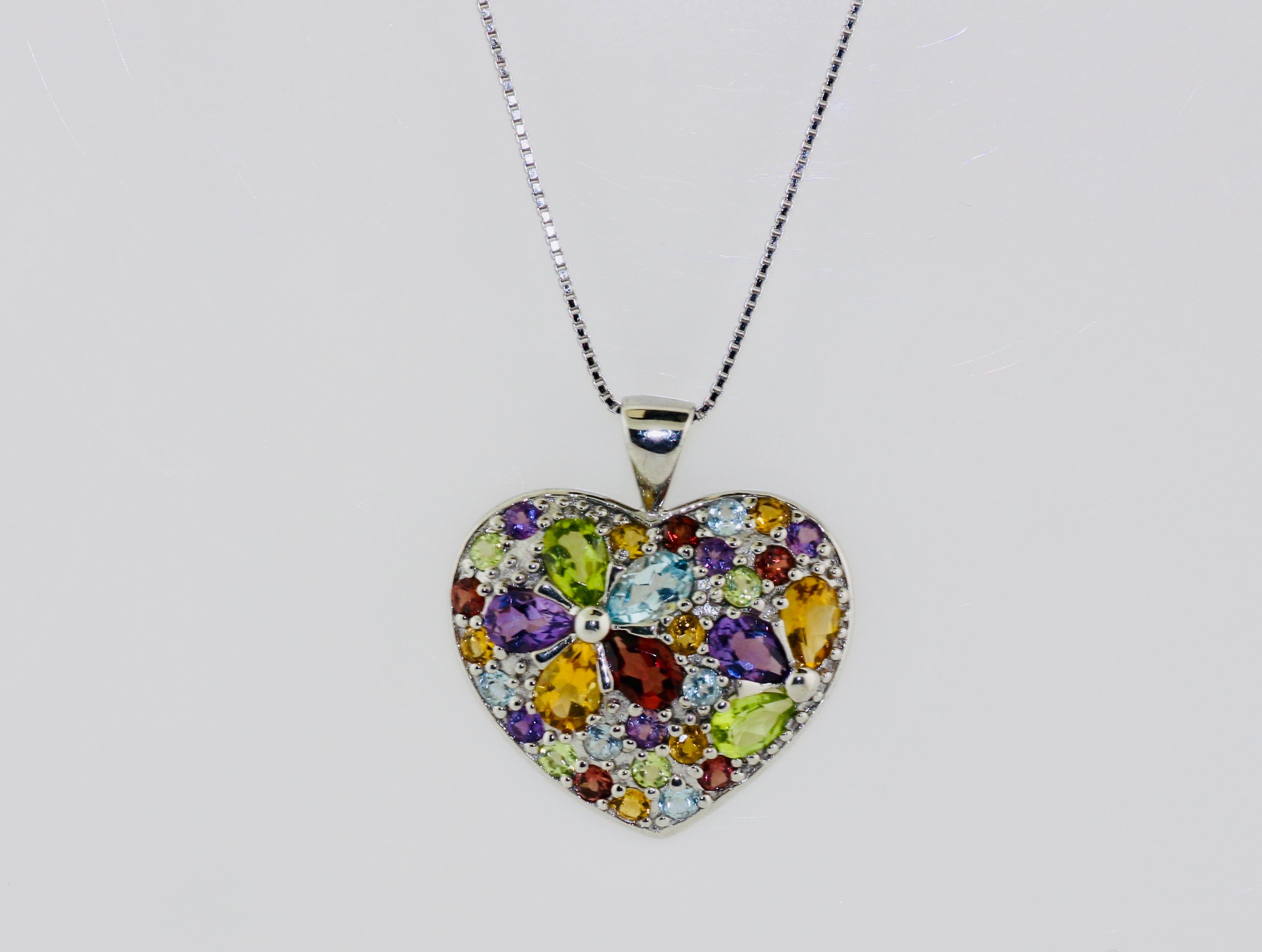 Sterling Silver Multicolor Floral Heart Pendant