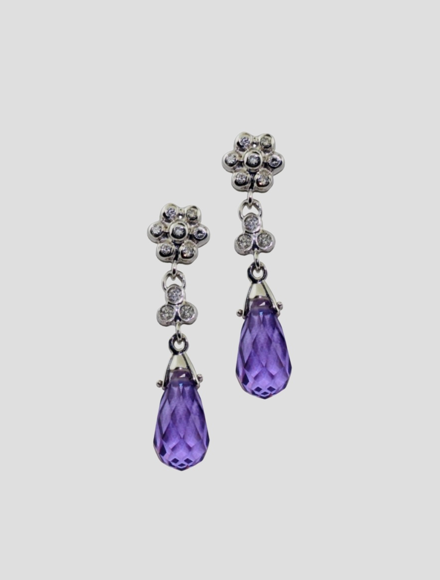14K White Gold Flower Amethyst Drop Earrings