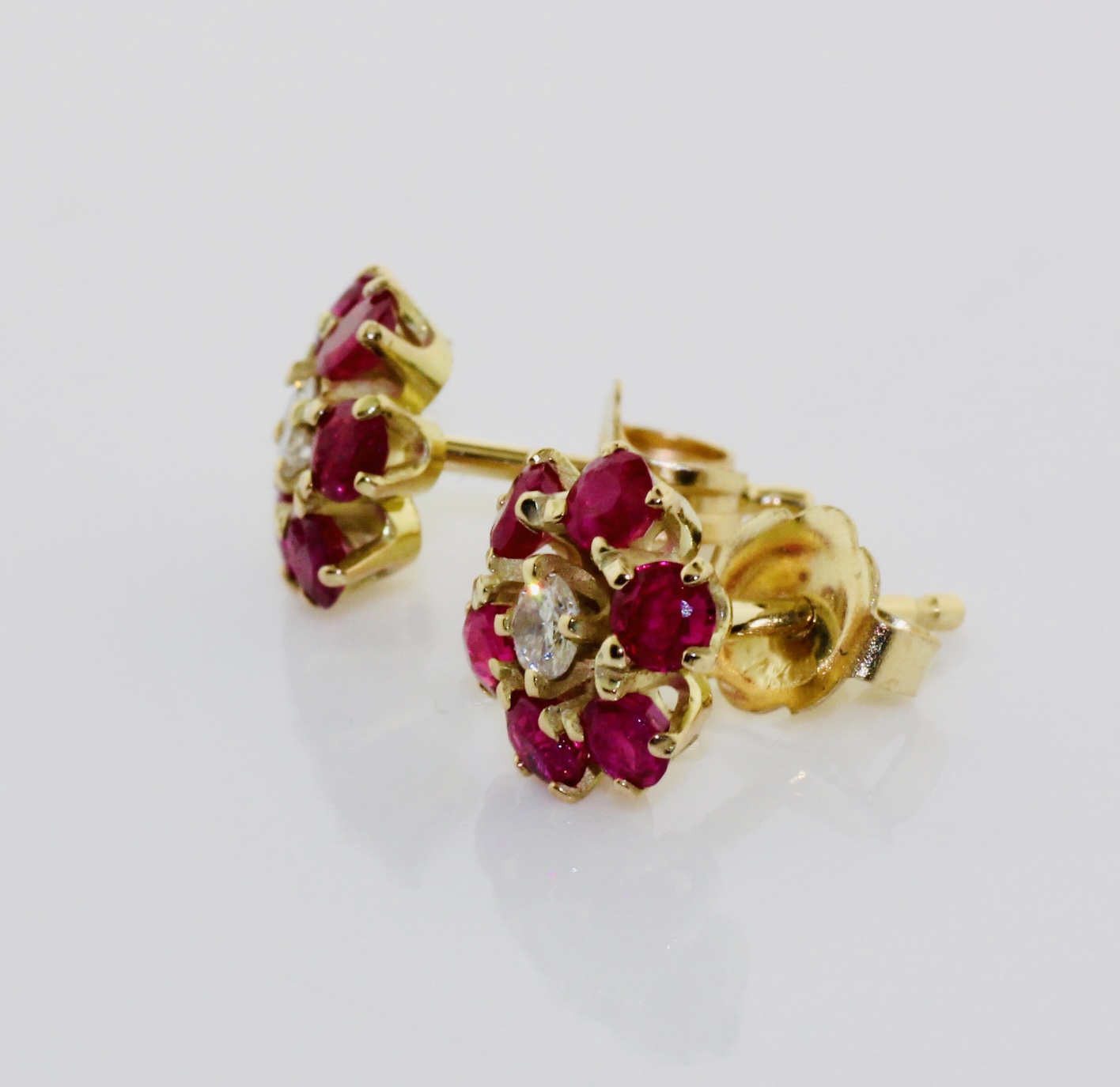 14K Yellow Gold Ruby and Diamond Flower Earrings