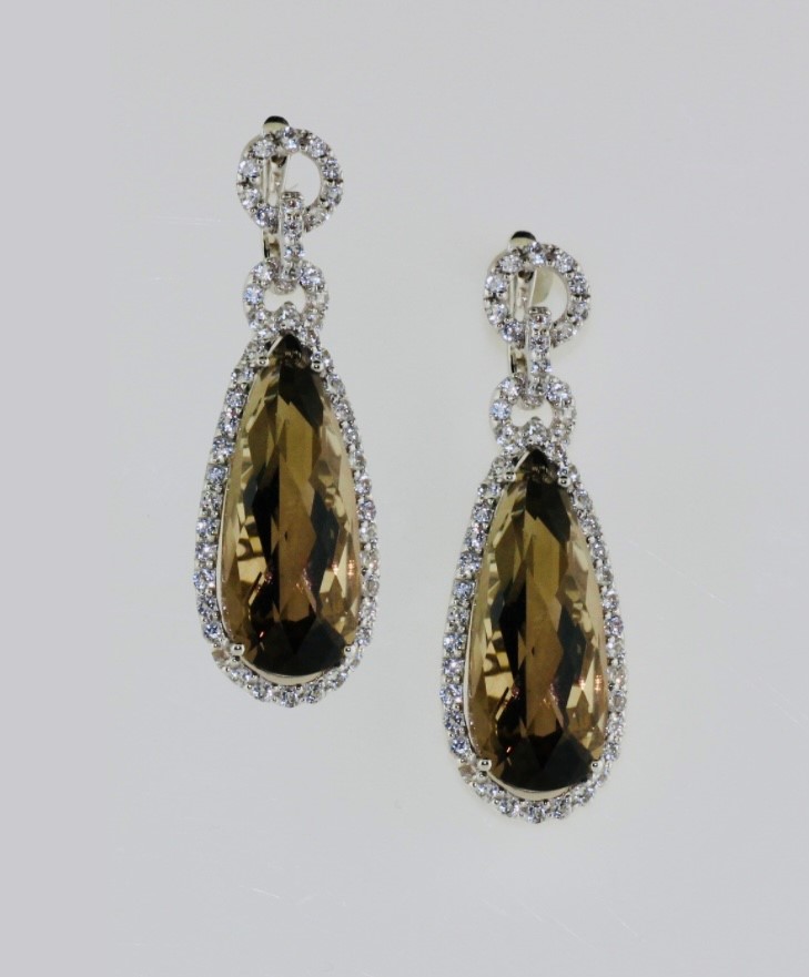 14K White Gold Smokey Quartz Dangly Earrings with Eurowire Back