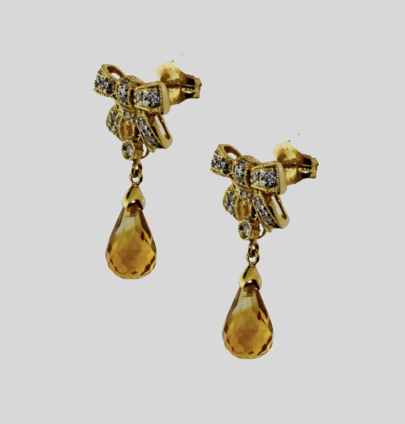 14K Yellow Gold Bow Citrine Dangly Earrings