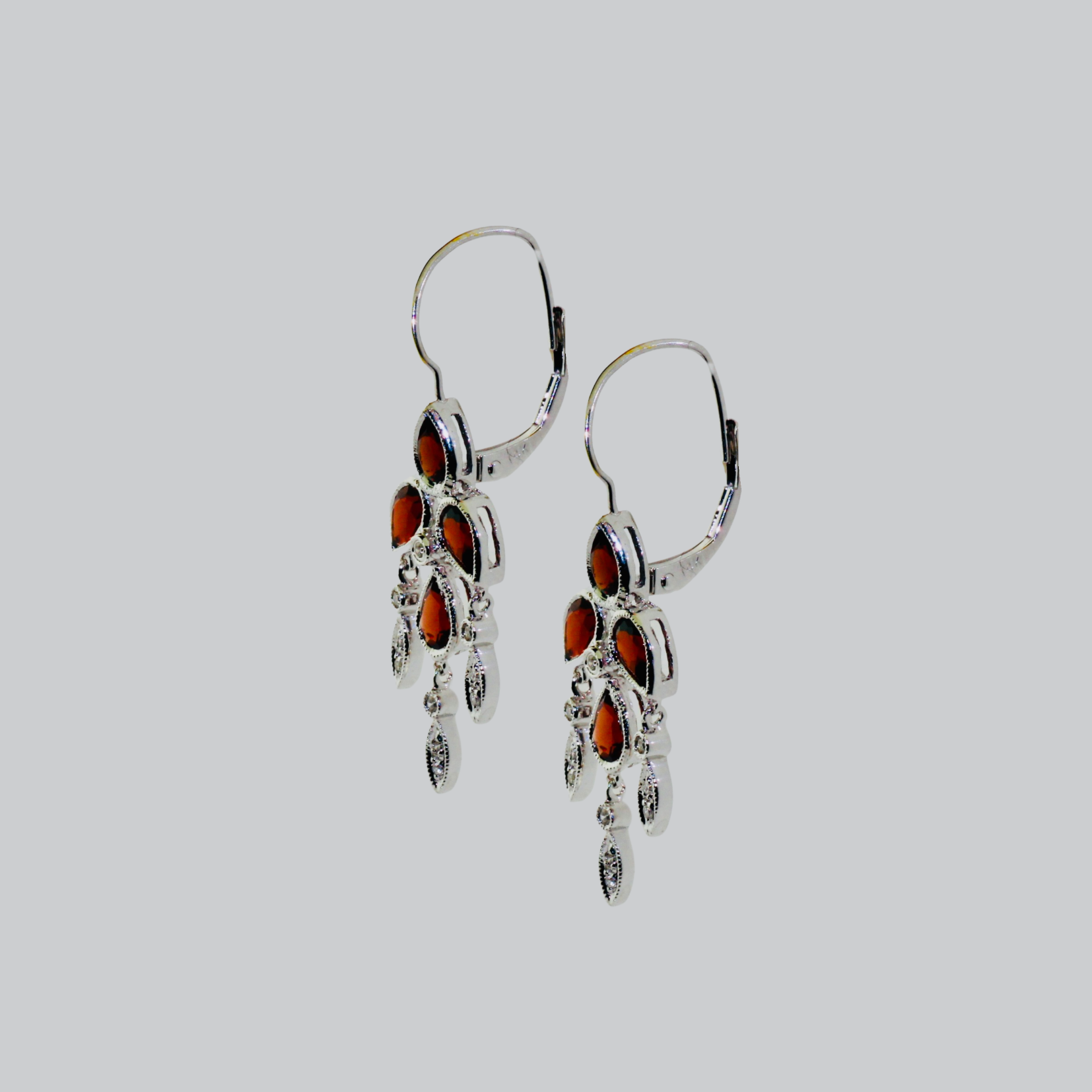 14K White Gold Garnet Dangly Earrings