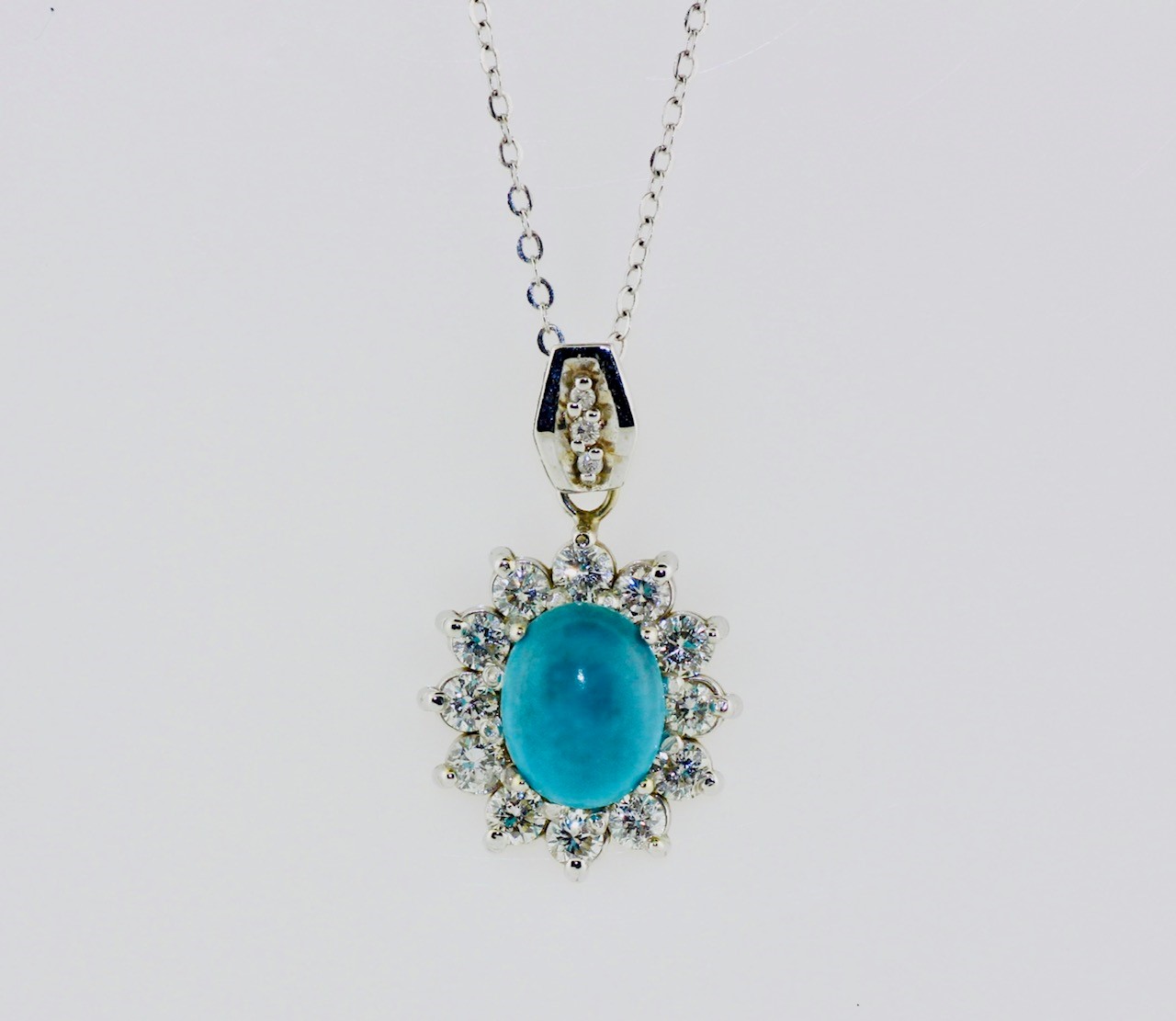 14K White Gold Diamond and Turquoise Pendant (chain included, 20")
