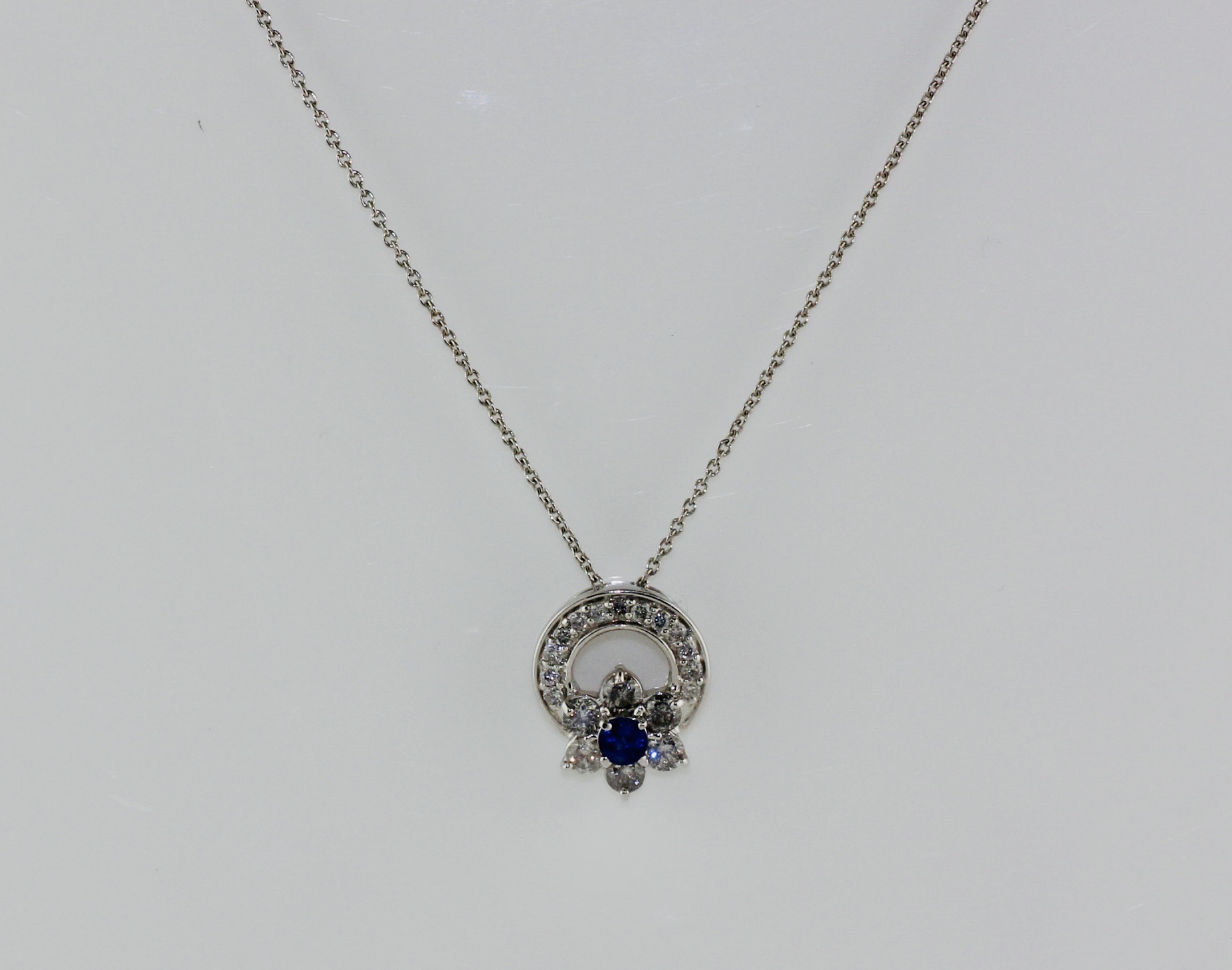 14K White Gold Blue Sapphire and Diamond Pendant