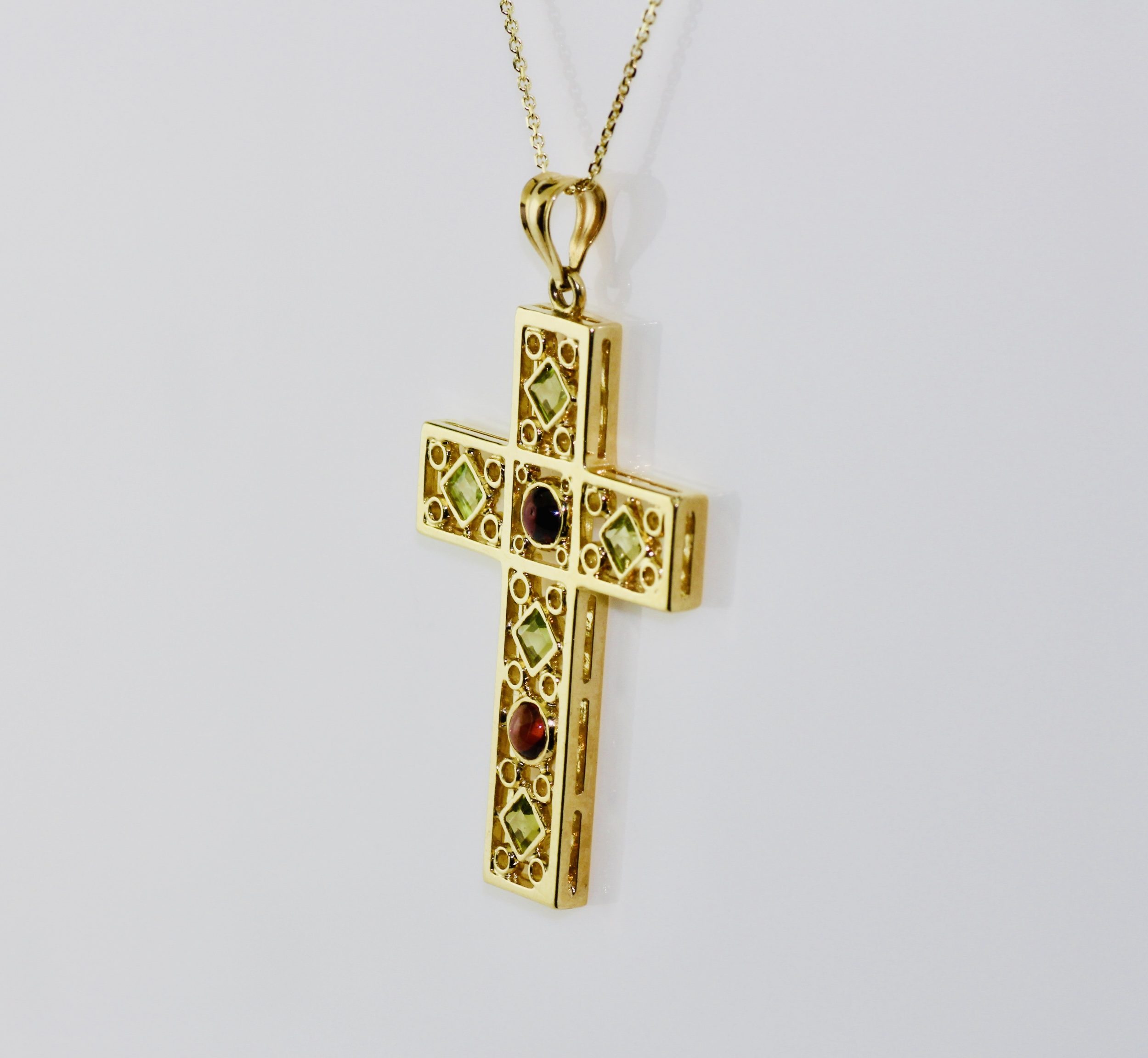 14K Yellow Gold Peridot and Tourmaline Cross Pendant