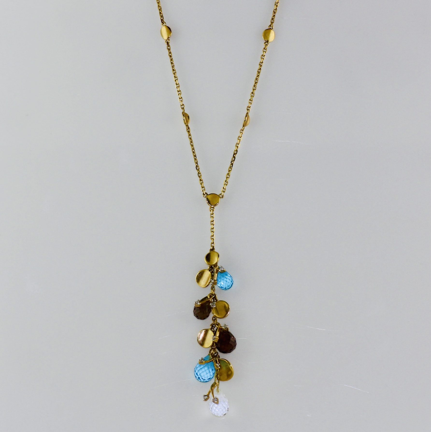 14K Yellow Gold Blue Topaz, Smokey Quartz, and White Topaz Necklace
