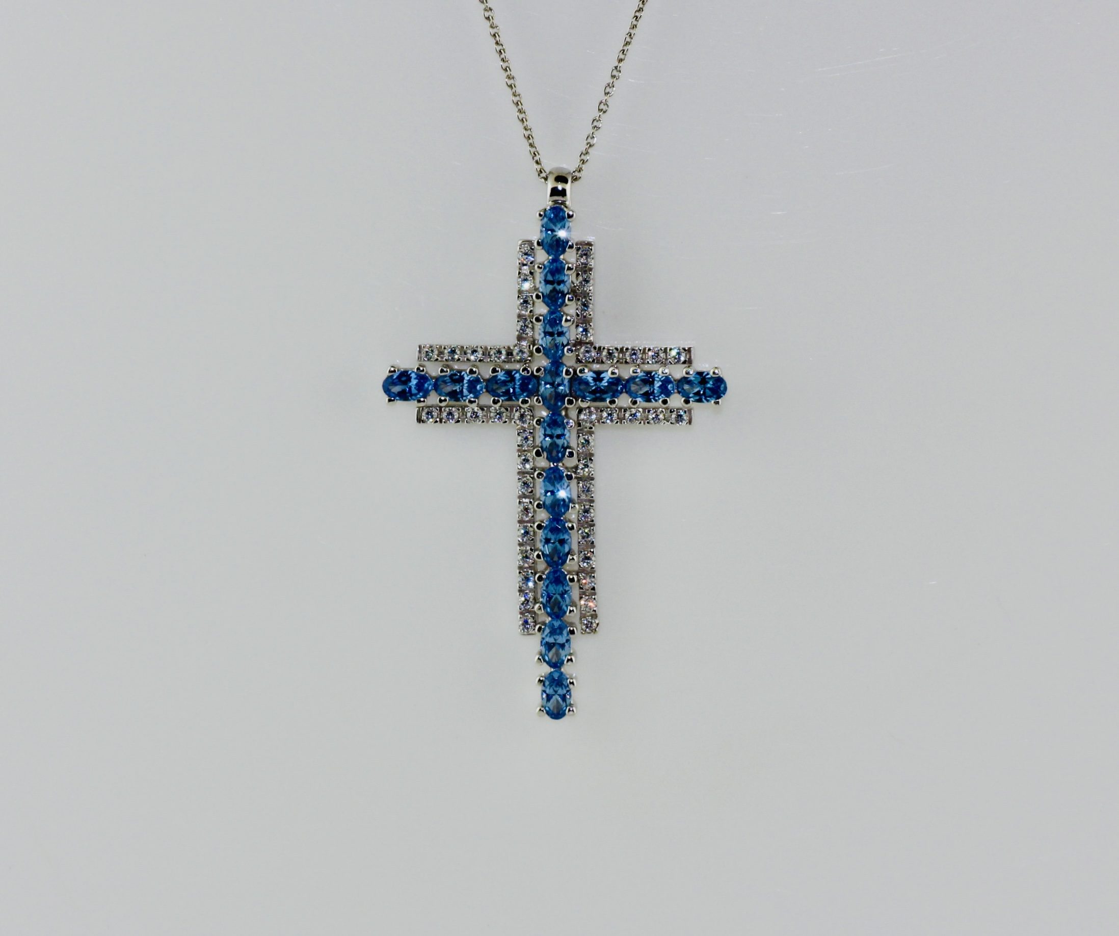 14K White Gold Blue Topaz and Diamond Cross Pendant