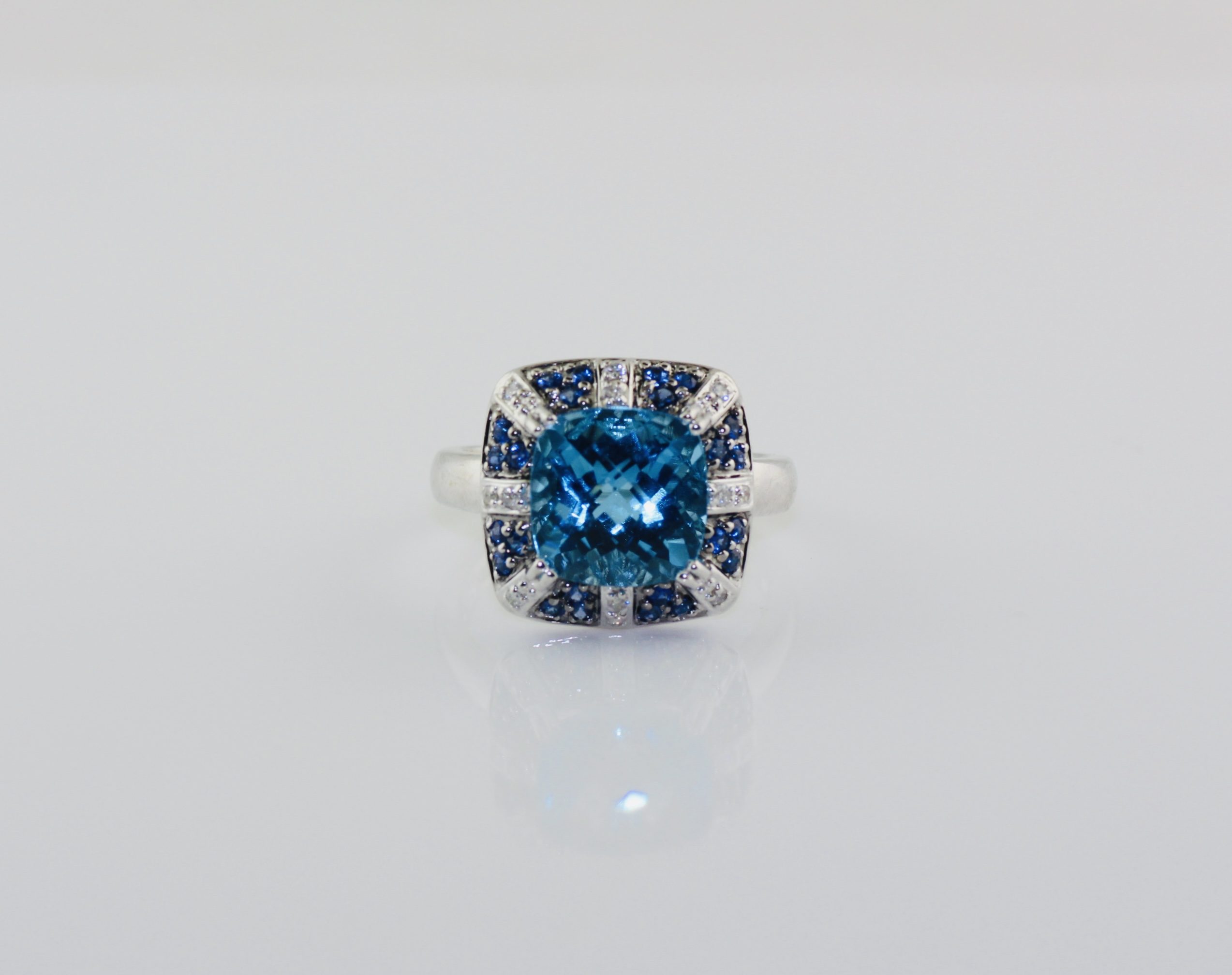 14KW Blue Topaz, Blue Sapphire and Diamond Ring