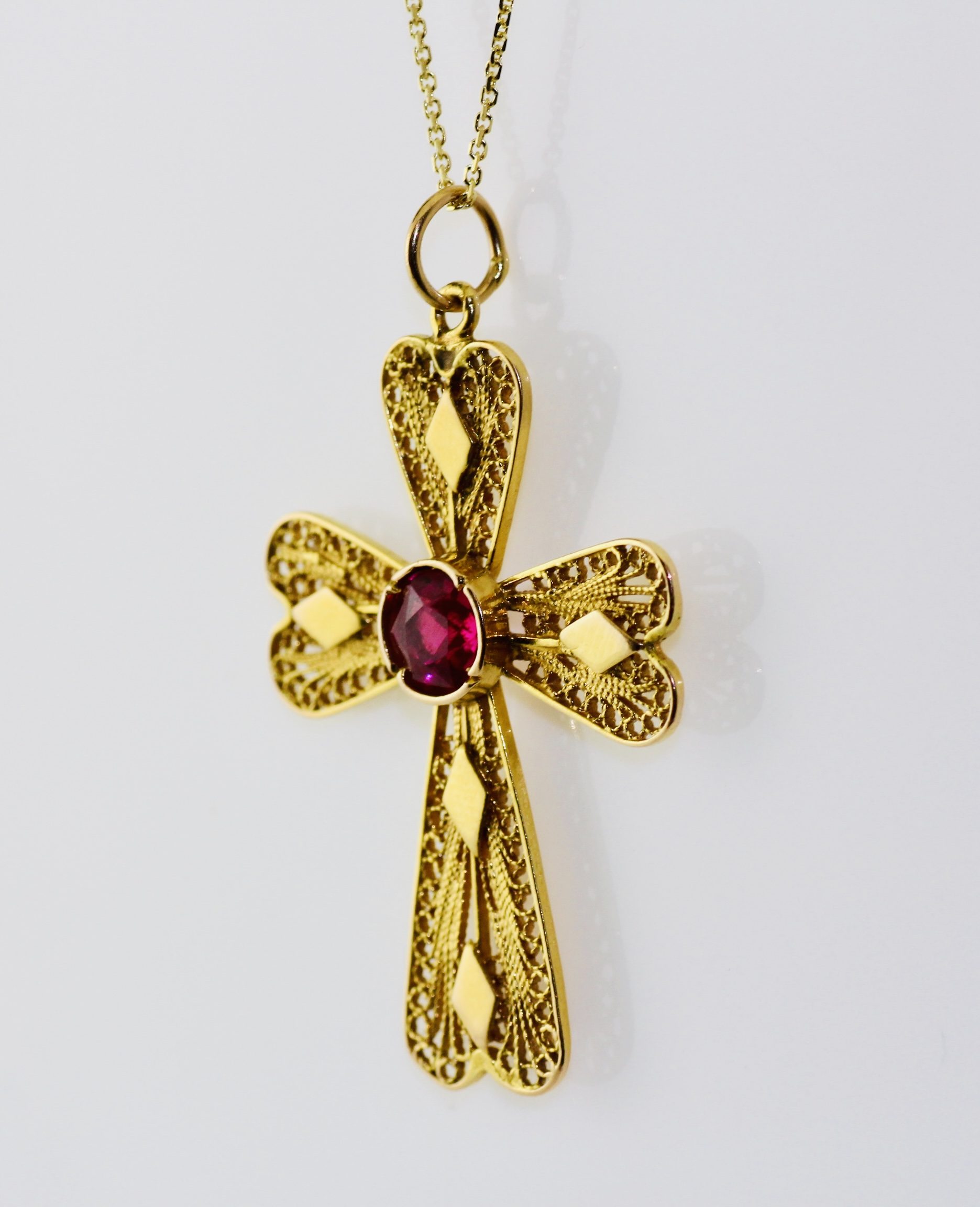 21K Yellow Gold Filagree Synthetic Ruby Cross Pendant