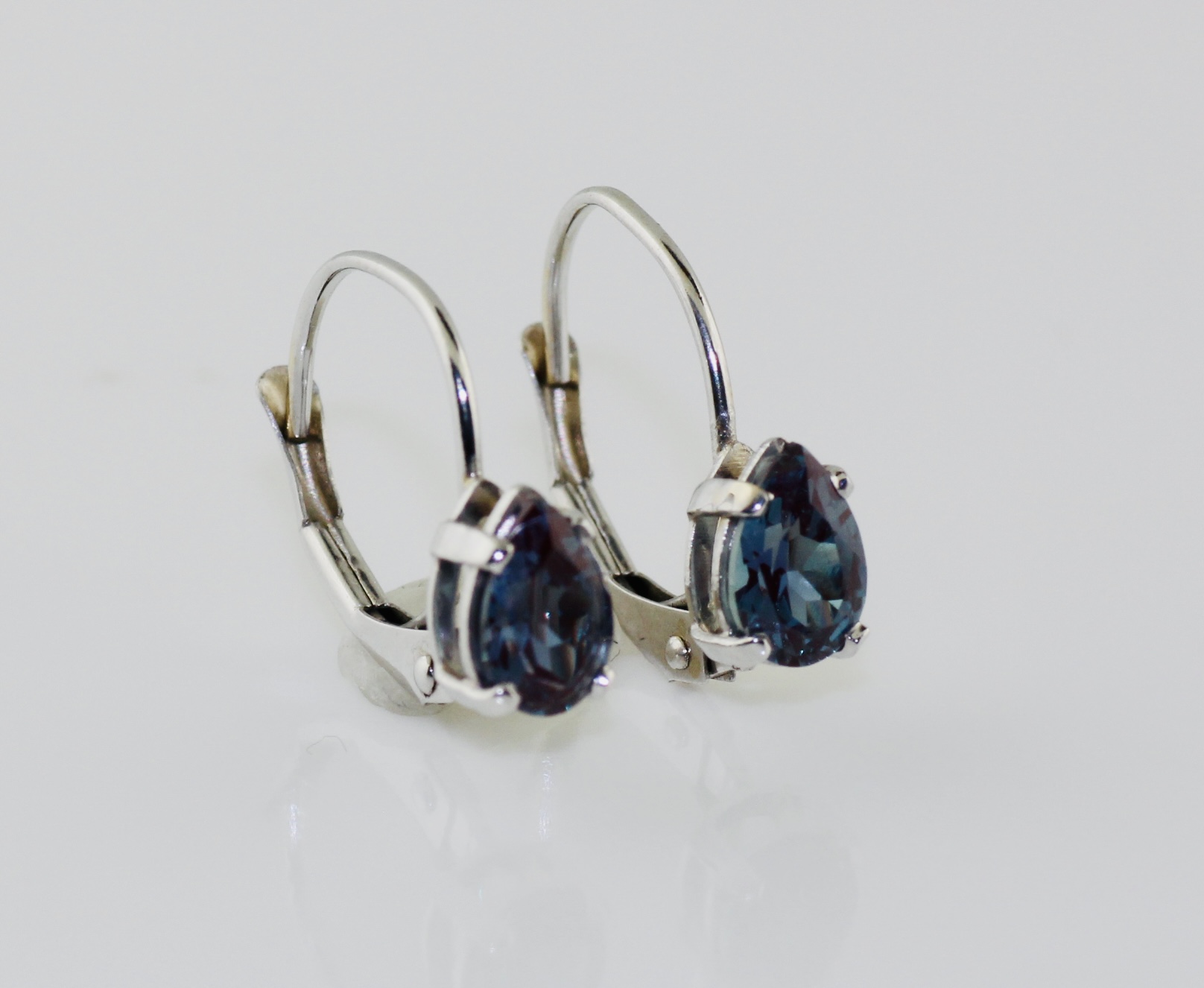 14K White Gold Lab Created Alexandrite Leverback Dangly Earrings