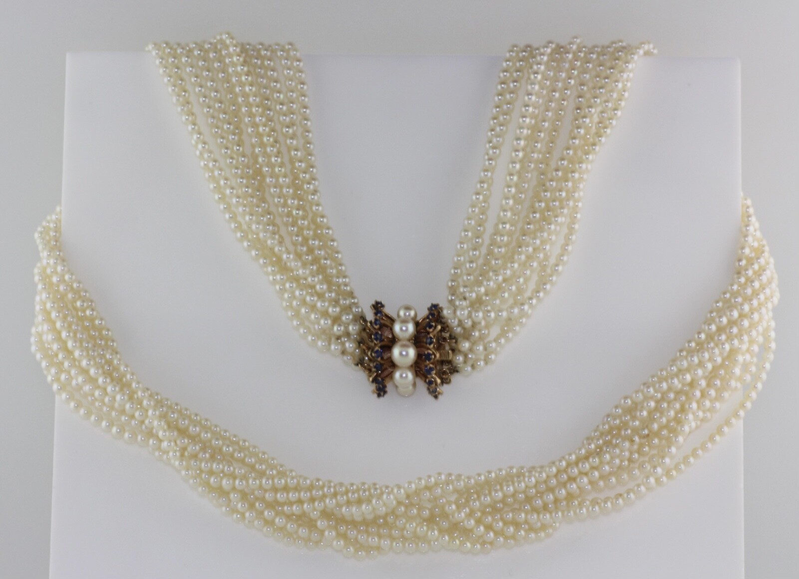 14K Yellow Gold 12 Strand Cultured Pearl Necklace with Sapphire and Pearl Clasp