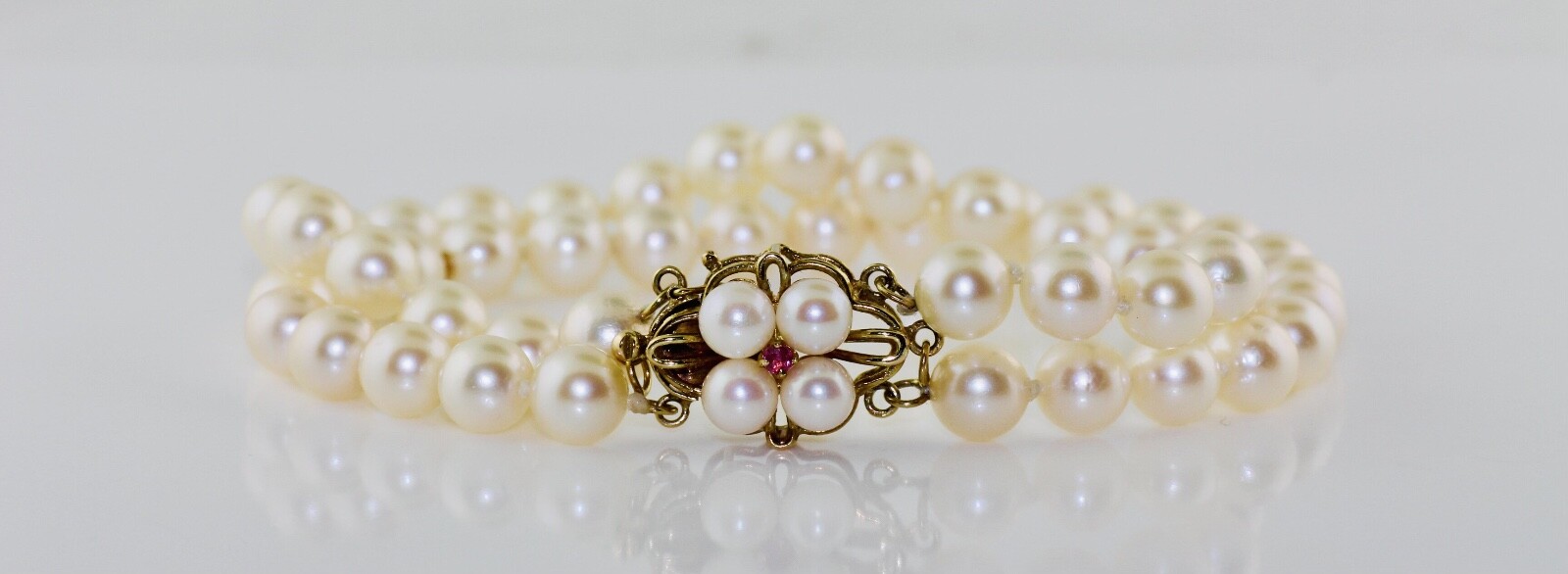 14K Yellow Gold 2-row 6-7mm Cultured Pearl 7" Bracelet with Ruby Clasp