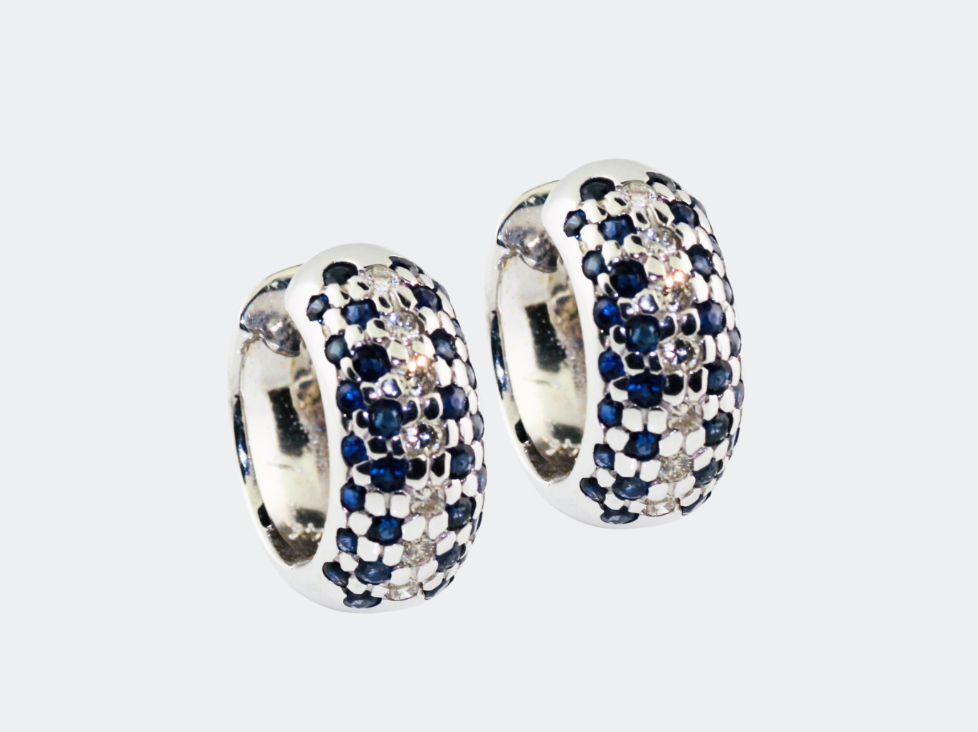 14K White Gold Sapphire and Diamond Hoop Huggie Earrings