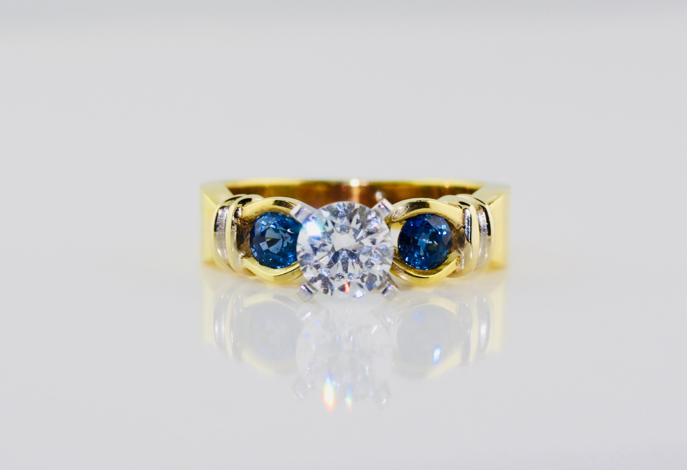 18K Two Tone Round Sapphire (0.50cts) Engagement Ring Setting (CZ Center - not included)