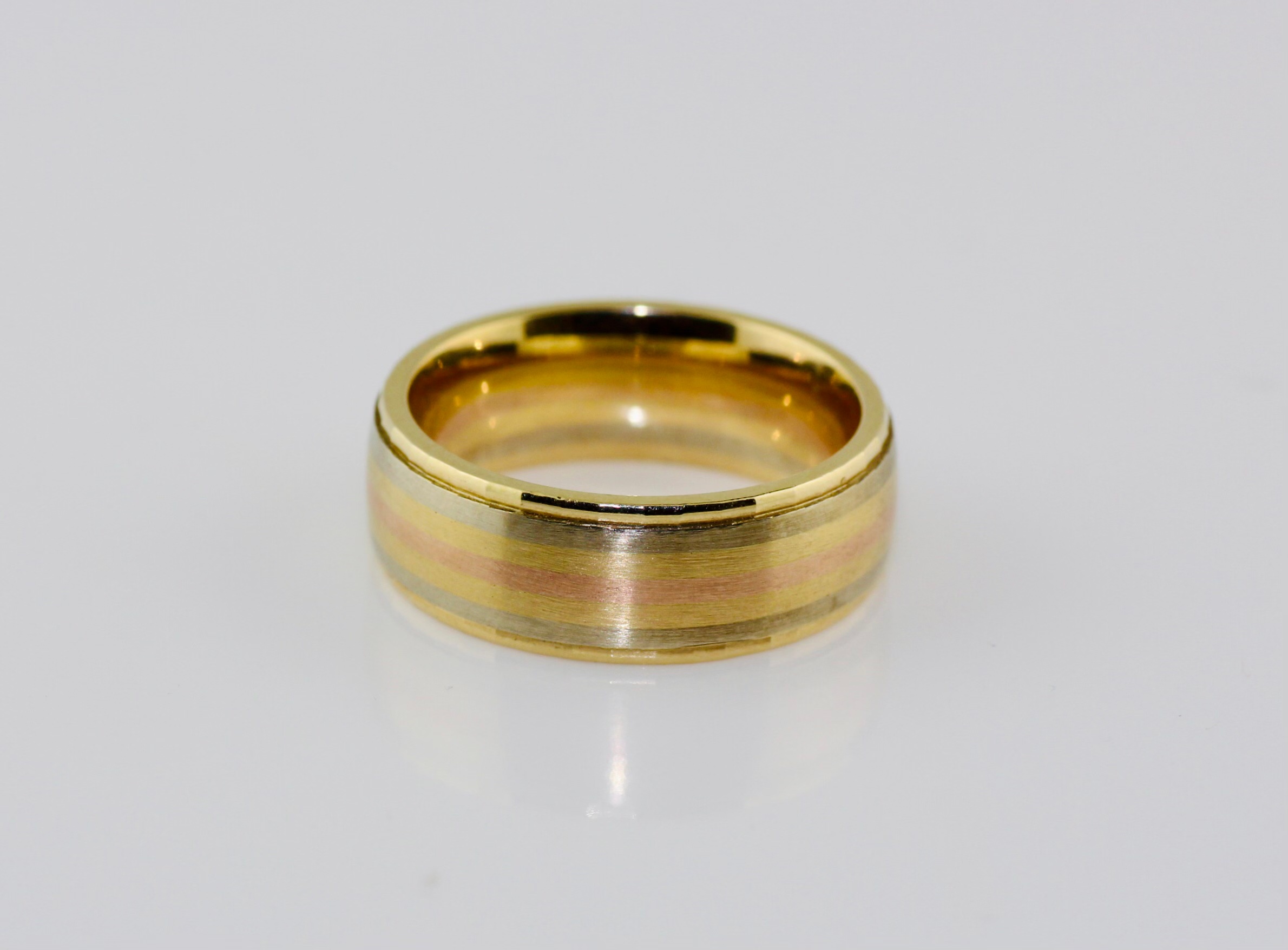 14K Tri-Tone (Yellow, White, Rose) Gold 7mm Comfort Fit Wedding Band with Diamond Cut Edges