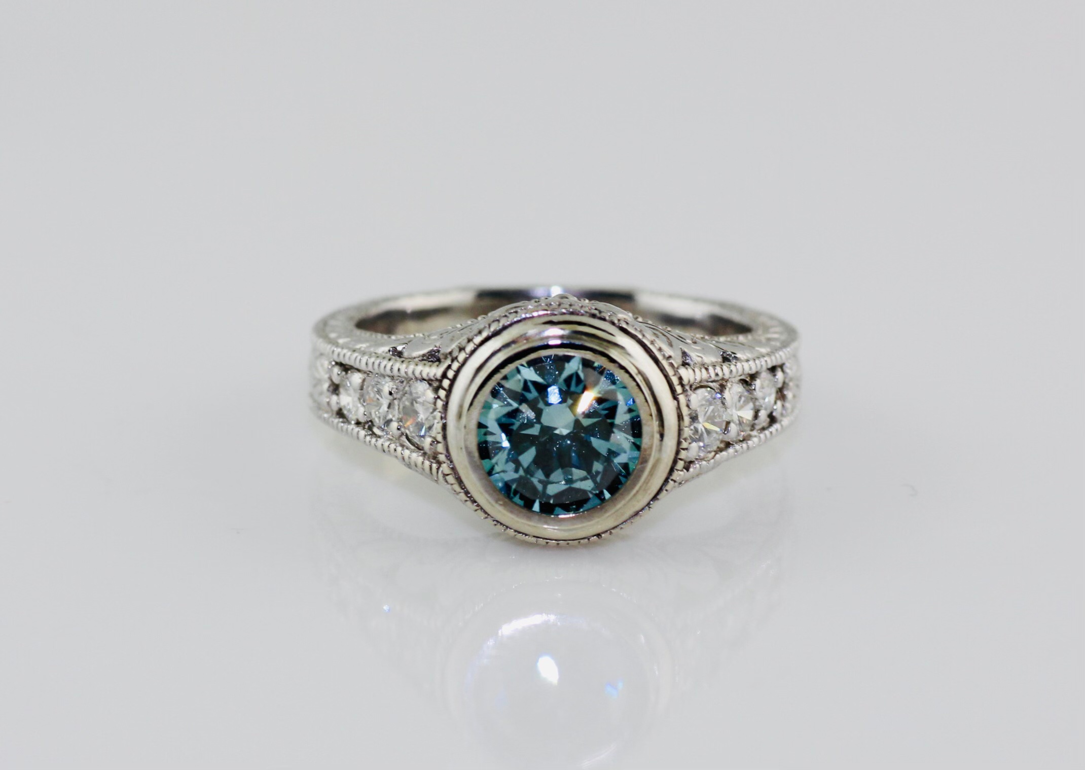 14K White Gold Bezel Set Blue Lab Grown (1.5ct VS2 Clarity) Ring