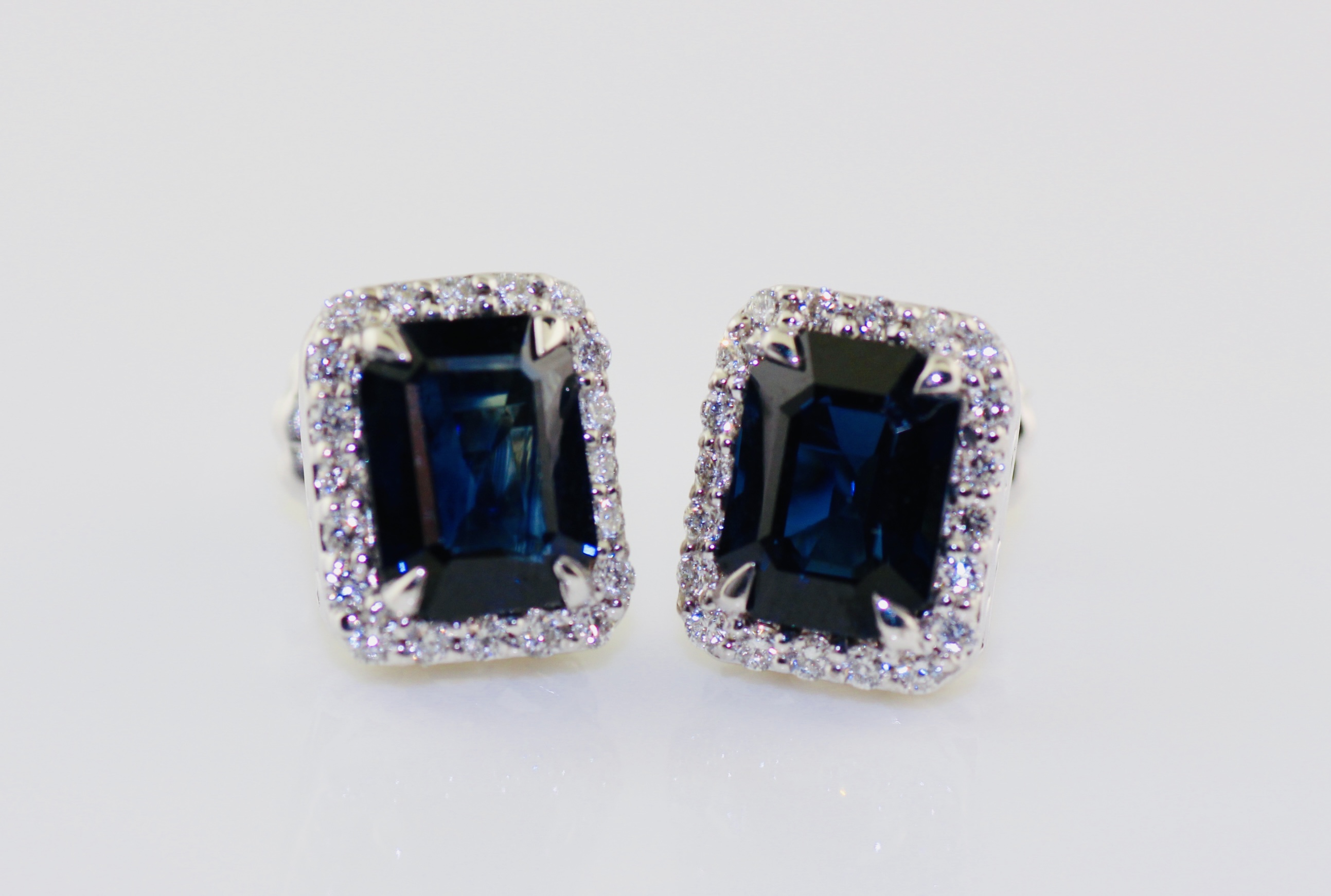 14K White Sapphire (3.70ctw) and Diamond (0.42ctw) Emerald Cut Stud Earrings
