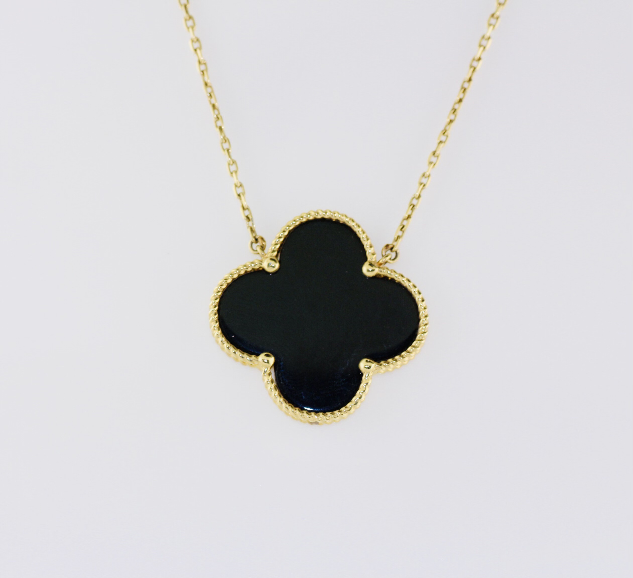 14K Yellow Gold Black Onyx Van Cleef Alhambra Inspired Necklace
